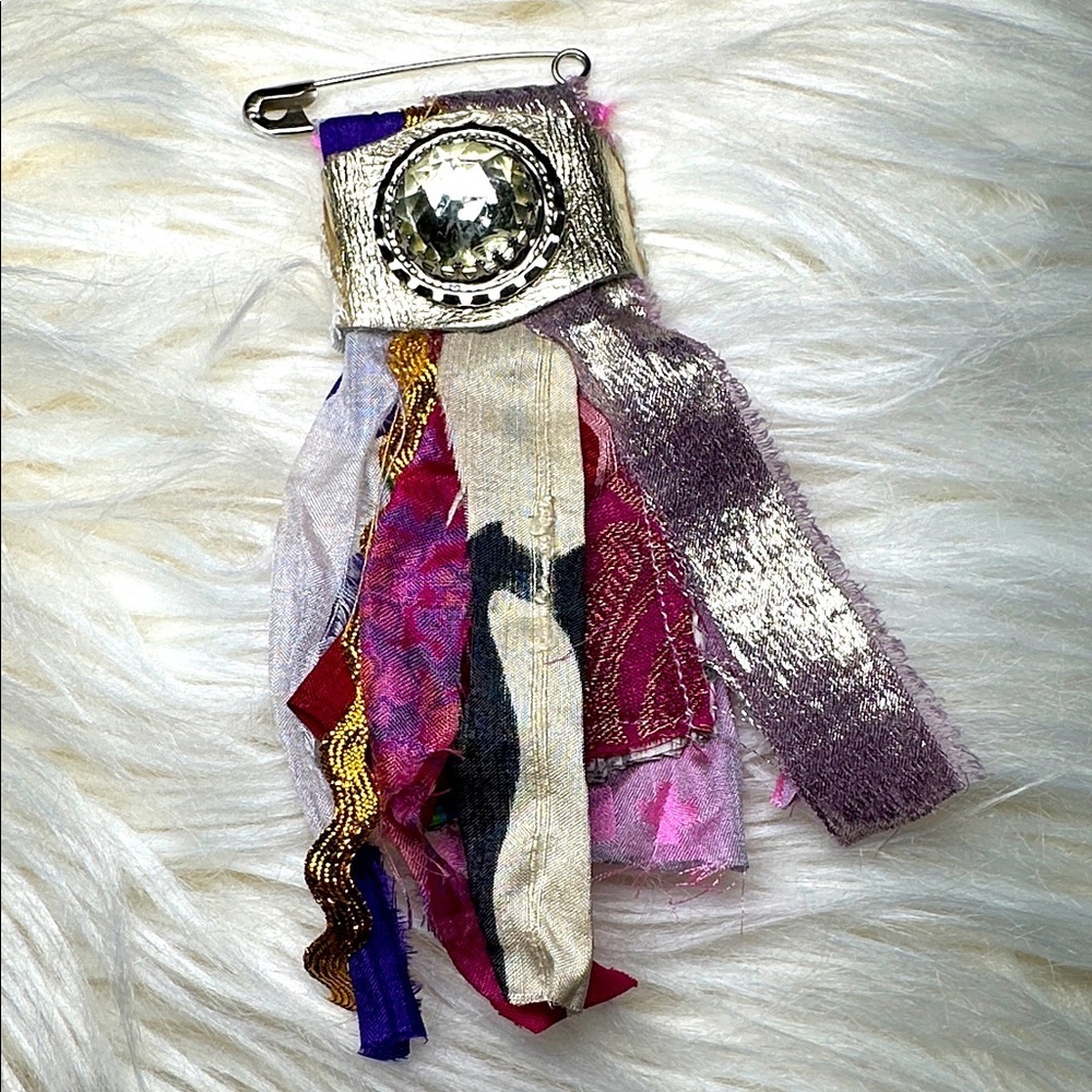 Boho | Fabric Brooch |,Hand Crafted Pin Crystal Embellished 5’ Silk and Lace